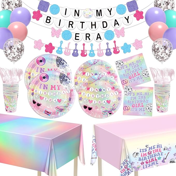 In My Birthday Era Decorations, 194Pcs Music Theme Tableware Set for 24 Guests with In My Birthday Era Plates Napinks Cups Cutlery Tablecloths Banners & Balloons, Friendship Bracelet Party Supplies
